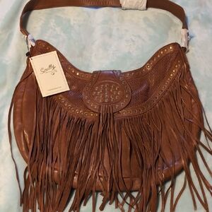 Scully Tan Leather Fringe Hobo Bag